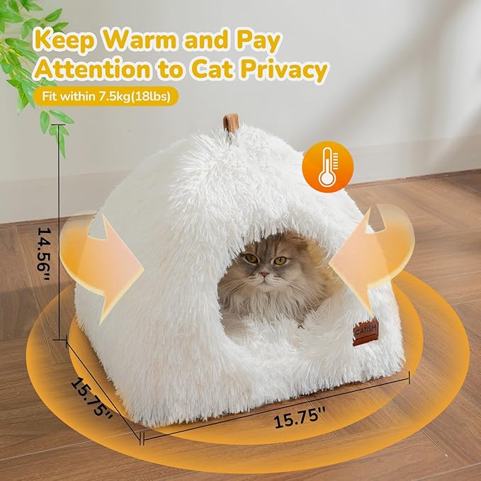 CATISM Cat Bed, Cat Cave for Indoor Cats, Soft Cat Dome, Self-Warming 2 in 1 Foldable Pet Cat House with Washable Cushioned Pillow Calming Fluffy Dog Beds for Small Dogs with Anti-Slip Bottom White