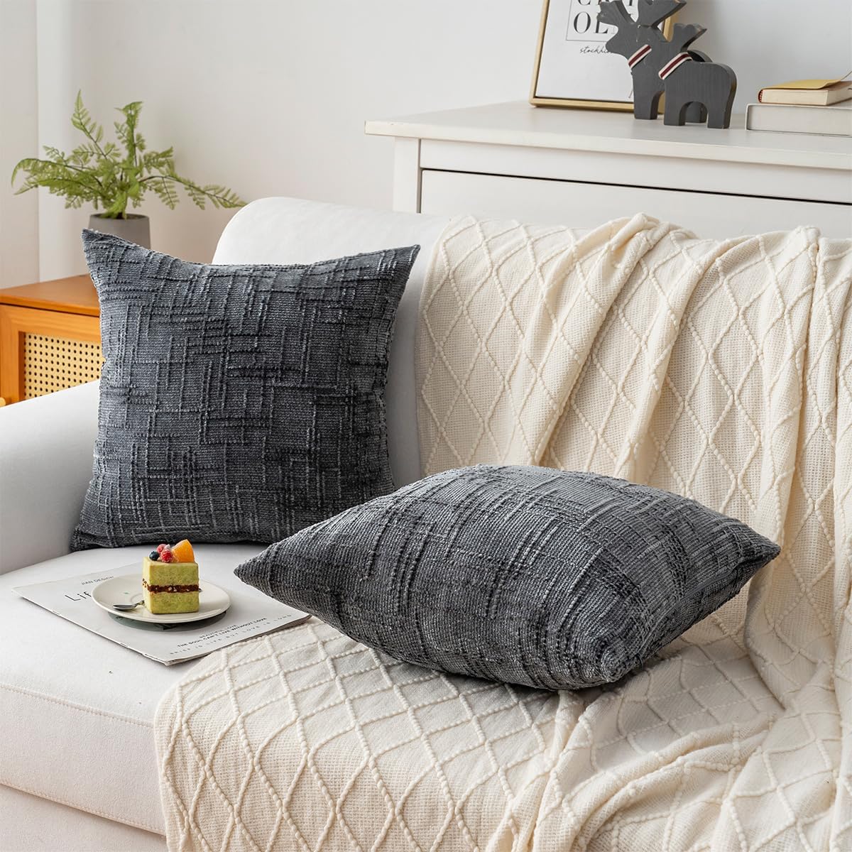 Decorative Throw Pillow Covers 22x22 Inch Set of 2, Soft Solid Farmhouse Chenille Couch Pillows, Spring Pillow Covers for Couch Sofa Bed Living Room Home Decor Pillowcase, Dark Gray