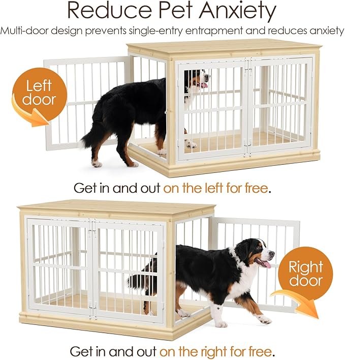 48 in Solid Wood Dog Furniture Crate for Dogs-Large Dog Crate Sideboard and TV Stand, Large, Wood Dog Crate Kennel-(White+Natural)