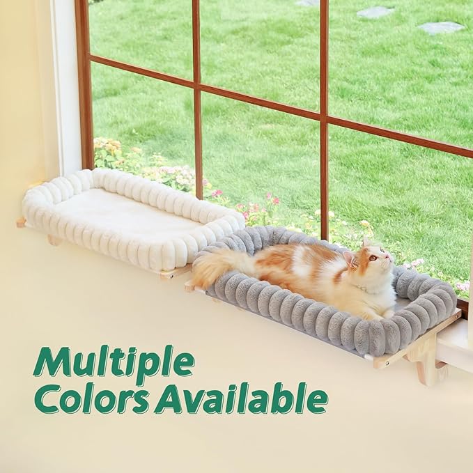 Zakkart SnugCloud Cat Window Perch with 4-Sided Bolster - Orthopedic Cat Hammock for Window Sill - Solid Hardwood & Metal Frame - Window Seat for Pets (Natural Color Wood w/White Bed, Large)