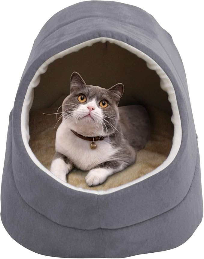 4 in 1 Self Warming Burrow Cat Bed, Pet Hideway Sleeping Cuddle Cave (Grey-2)