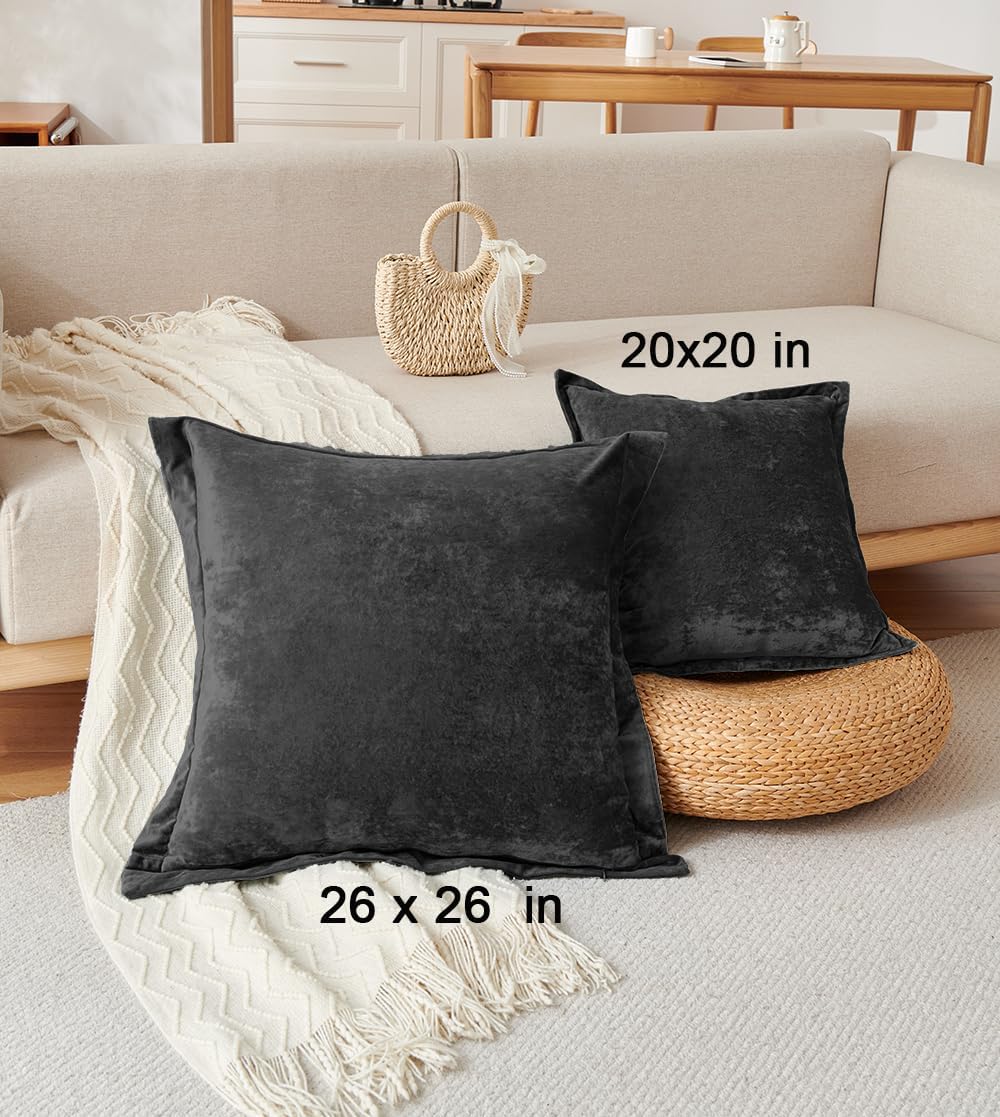 Luxurious Velvet Euro Shams Decorative Throw Pillow Covers 26x26 Set of 2 Solid Square Euro Pillow Shams for Sofa Couch Bedroom, Black