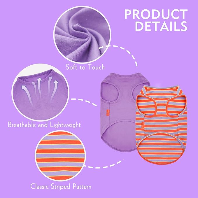 KYEESE 2Pack Dog Shirts Striped T Shirt for Large Dogs Lightweight Clothes Sleeveless Vest Cotton Tank Top, XXX-Large,Purple+Orange Striped