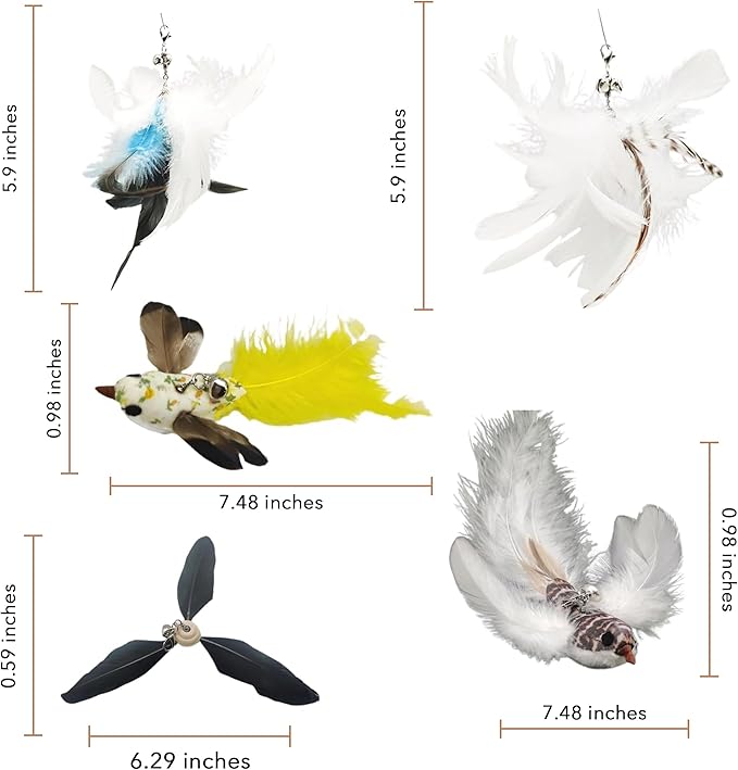Variety Play Set, 5 Pack Refills for Wand and Fishing Poles, Spring Wires, Door/Wall Hang Ropes. 2 Bird, 2 Feather & Windmill Cat Toys - Bells & Easy Clip-On