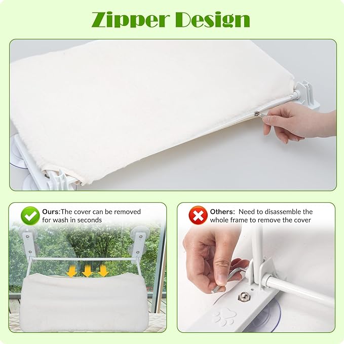 keny Cordless Cat Window Perch, Large Size Hammock with 4 Strong Suction Cups, Cat Hammock for Window with Two Fabrics Cover, Foldable Bed for Cats, White