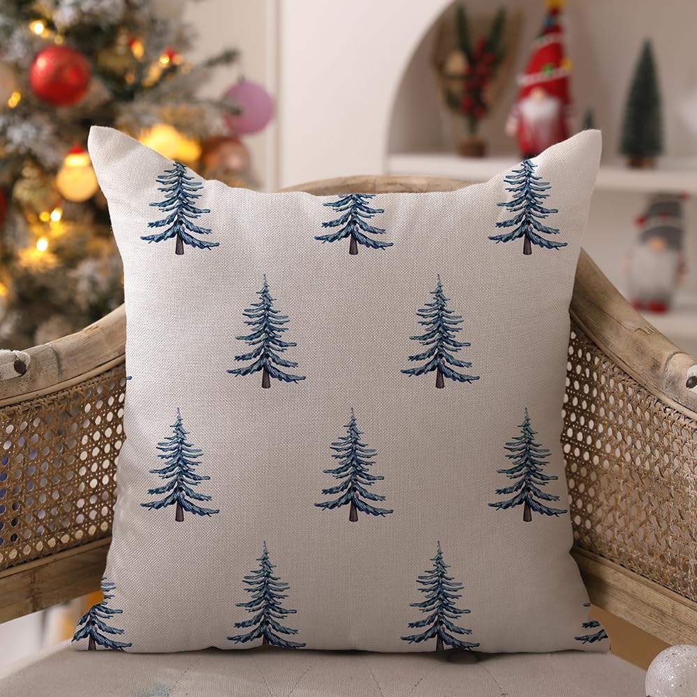 DFXSZ Christmas Pillow Covers 20x20 inch Set of 2 Winter Blue Christmas Tree Decorative White Throw Pillow Covers Winter Famliy Decoration for Home Couch TH-30M20