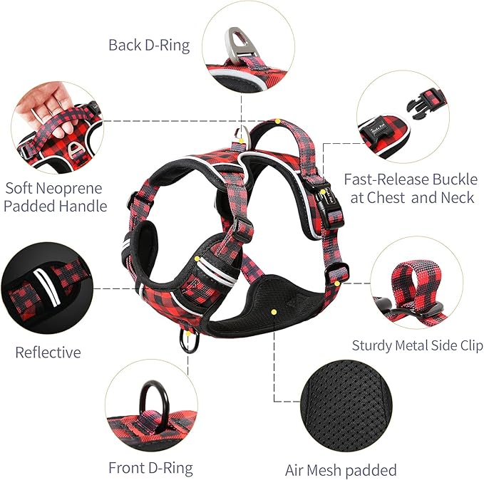 HEELE Dog Harness, No Pull Adjustable Padded Reflective Harness for Small Medium Large Dogs with Handle for Walking Training, Checkered-Red, XL