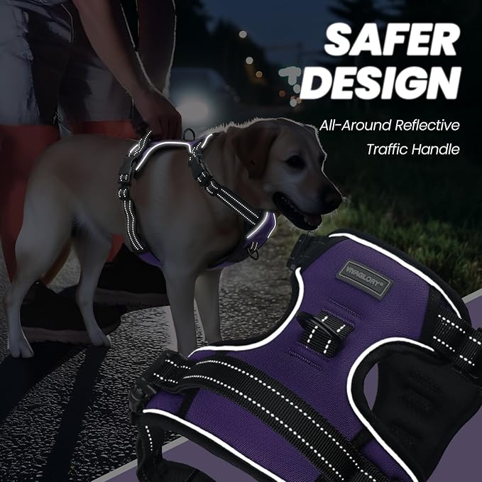 VIVAGLORY Dog Harness Easefit No Pull Dog Harness with Front Clip & Handle for Lifting Training, Adjustable Padded No-Pull Anti Pull Easy On for Puppy & Pet, L, Purple