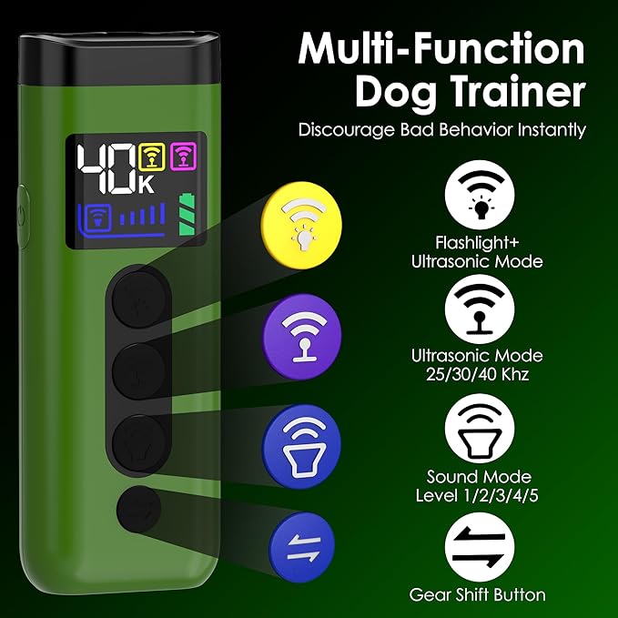 Dog Bark Deterrent Device, 65 FT Range,3X Ultrasonic Bark Deterrent Device & Ultrasonic Dog Trainer - Anti-Barking Device with Color Display, Safe & Effective Alternative to Bark Collars - Green