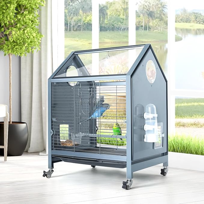 OIIBO Acrylic Bird Cage, 25 Inch Deluxe Rolling Bird Cage with Acrylic Panel Medium Bird Cage Kit with Bird Feeders, Water Bottle, Perch for Parrot Conures Lovebirds Finches Canaries Parakeets