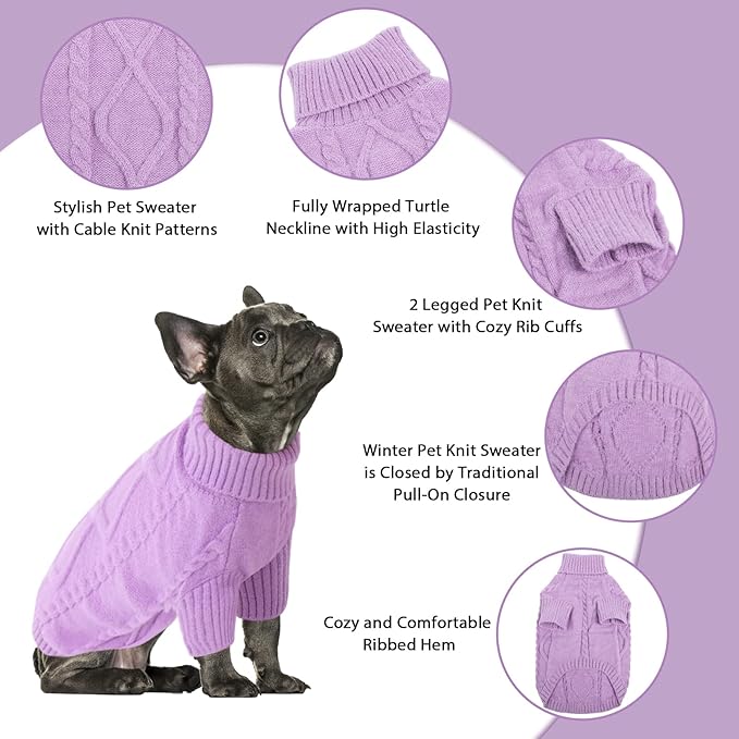 Queenmore Small Dog Pullover Sweater, Cold Weather Cable Knitwear, Classic Turtleneck Thick Warm Clothes for Chihuahua, Bulldog, Dachshund, Pug (Lilac, X-Large)