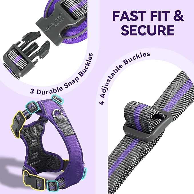 VIVAGLORY Dog Harness Easewalk No Pull Dog Harness with Handle & Front Back Clip for Training Lifting, Easy On Adjustable Padded No Pull for Pet & Puppy, L, Purple