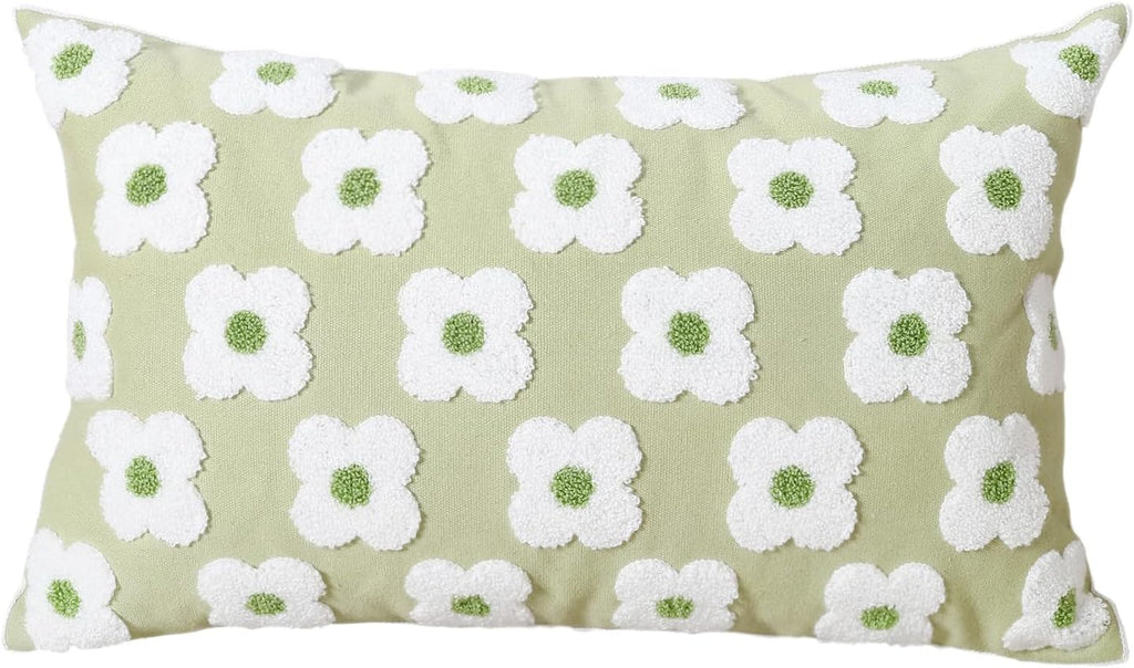 DECOBIRD Embroidery Throw Pillow Cover 12x20 Light Green Floral Design Home Decor Loop Embroidered Pillow Case Thick Cotton Canvas Square Cushion Cover for Couch 30x50cm, 4 Petal Flowers 1 Piece