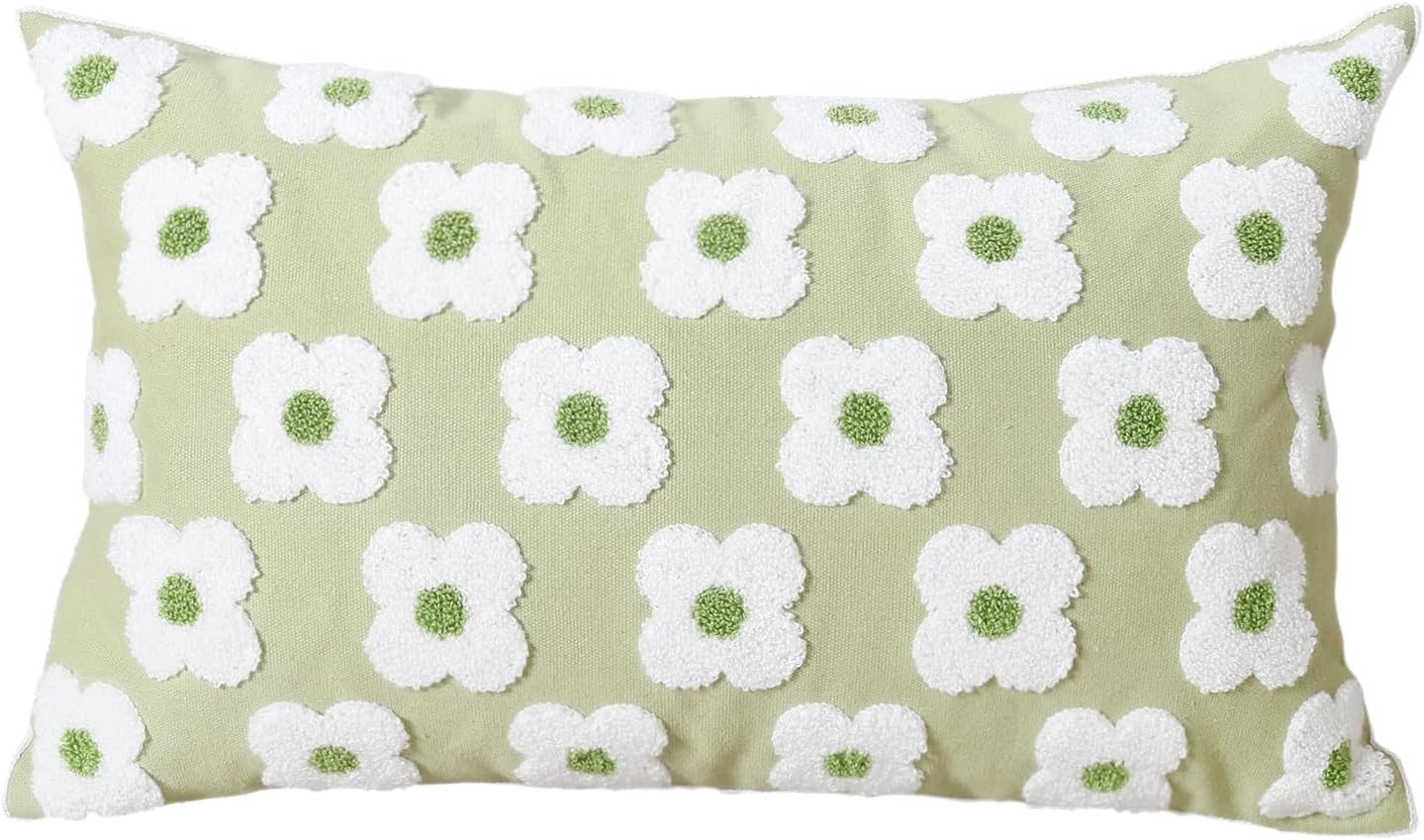 DECOBIRD Embroidery Throw Pillow Cover 12x20 Light Green Floral Design Home Decor Loop Embroidered Pillow Case Thick Cotton Canvas Square Cushion Cover for Couch 30x50cm, 4 Petal Flowers 1 Piece