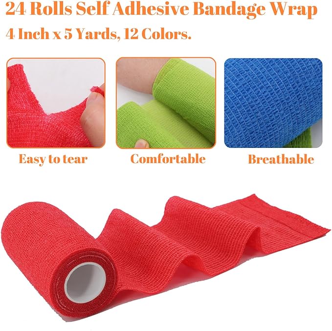 24 Rolls Self Adhesive Bandage Wrap, Vet Wrap 4 Inch for Horses Dogs Wounds Care Dressings, Elastic Self Stick Cohesive Bandage Wrap, Wrist, Sports, Ankle Tape Leg Wraps (Mixed)