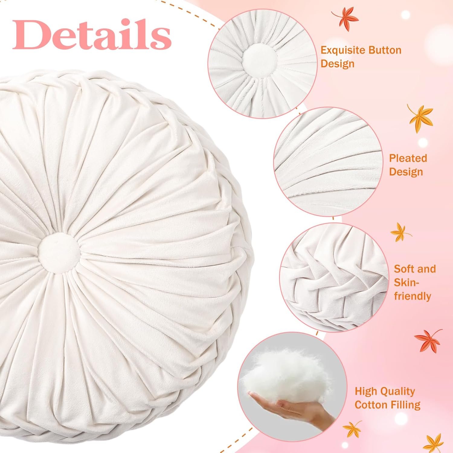2 Pcs Round Throw Pillows 15 Inch Decorative Velvet Pleated Pumpkin Floor Boho Pillows for Living Room Couch Chair Bed Sofa (Ivory)