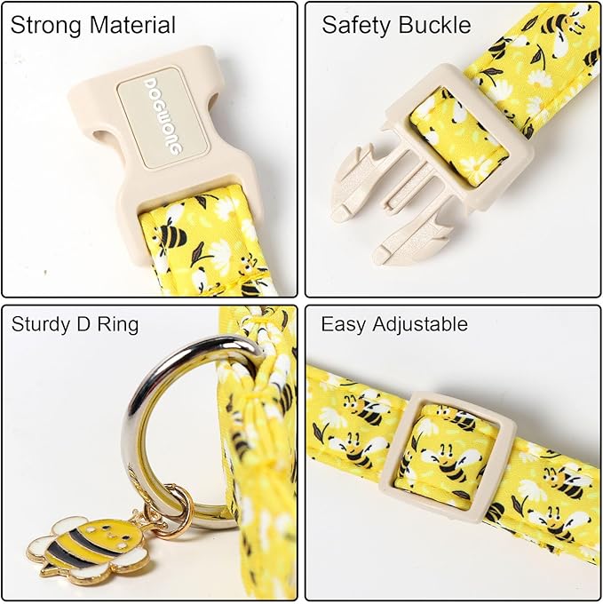 DOGWONG Cute Cotton Dog Collar for Small Medium Large Dogs Cute Yellow Bee Dog Collar for Boy Girl Dogs,M