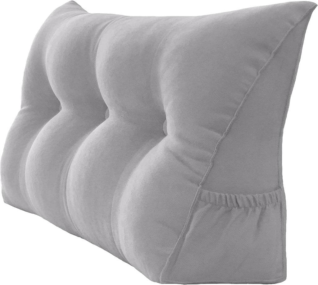 Triangular Reading Bed Rest Pillow Large Bolster Cushion Headboard Backrest Wedge Pillow with Removable Cover and Two Large Side Pockets (Chalk Grey, Twin: 39 x 8 x 20 inches)