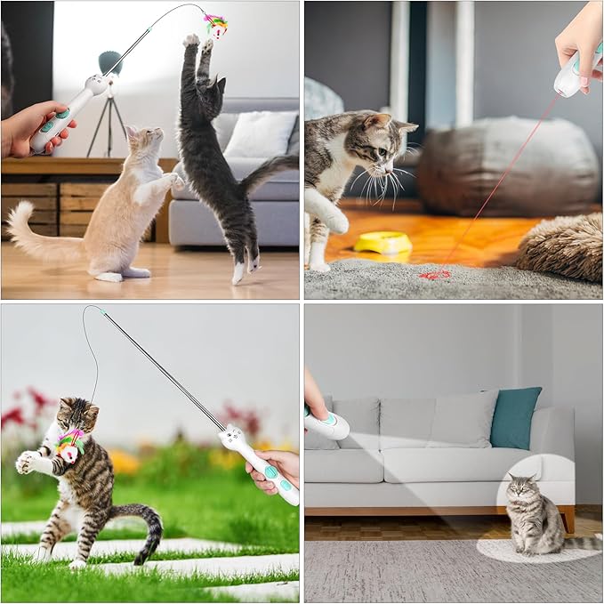 TBTeek Cat Toy, 2in1 Light and Retractable Pole with Feather, Rechargeable, Long Range 5 Modes, Interactive Toy for Indoor Cat Kitten Dog