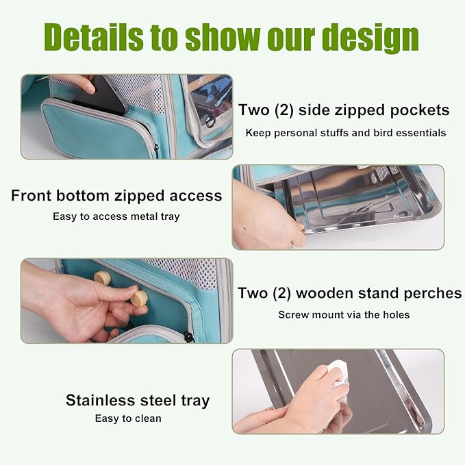 Bird Backpack Carrier Cage for Small to Medium Size, Portable Bird Travel Carrier with Standing Perches and Metal Tray, Vented Carry Transport Bag for Parakeet, Budgie, Conure, Cockatiel, Parrot