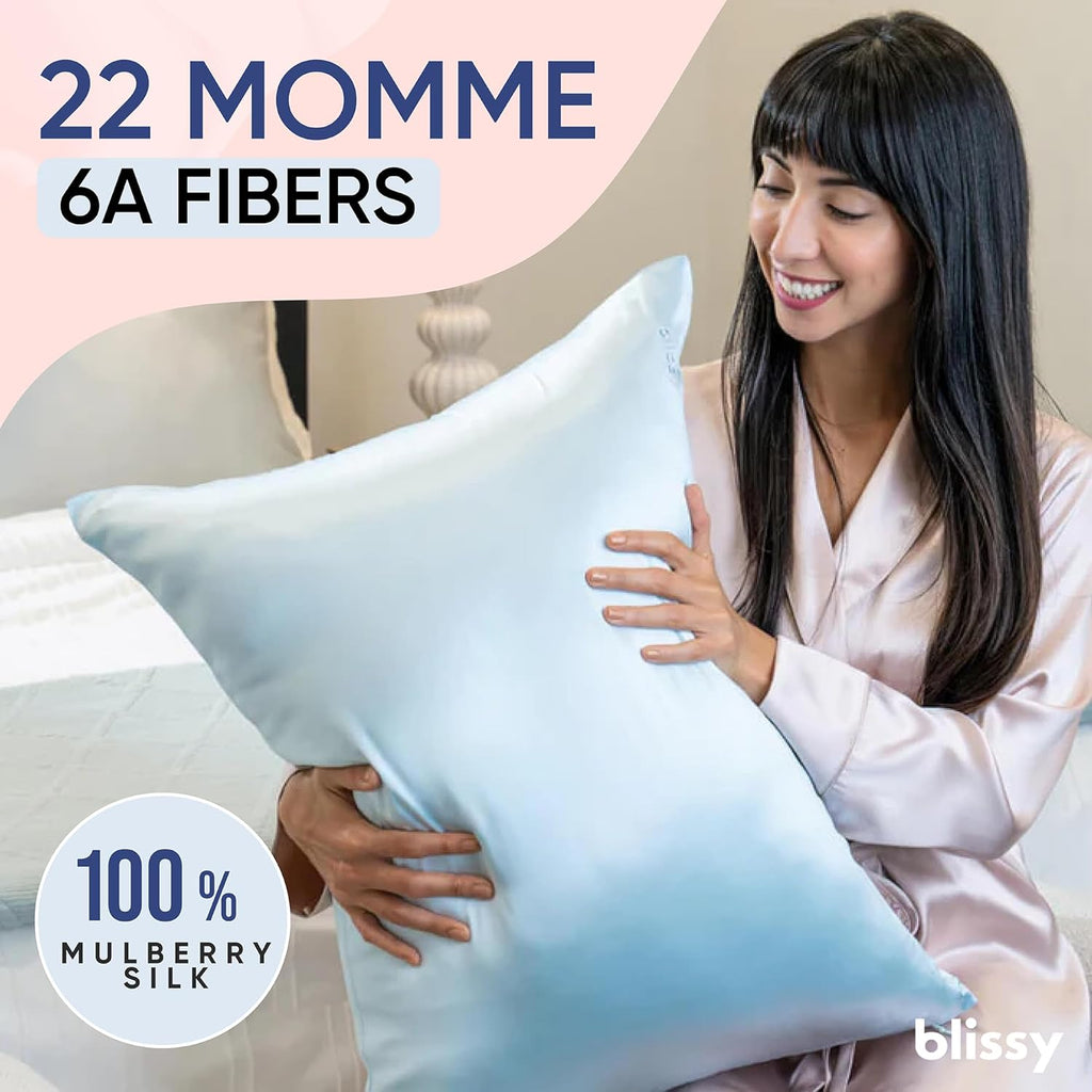 Blissy Silk Pillowcase - 100% Pure Mulberry Silk - 22 Momme 6A High-Grade Fibers - Silk Pillow Cover for Hair & Skin - Regular, Queen & King (Sky Blue, Queen)