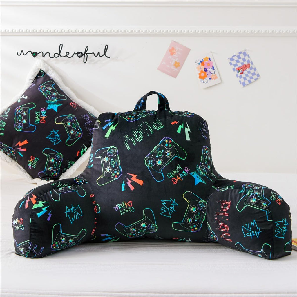 NTBED Video Game Controller Printed Reading Pillow Bed Wedge Backrest with Arms, Couch TV Relax Bed Rest Pillow Back Support Cushion for Kids Teens Boys Girls,Multi Game