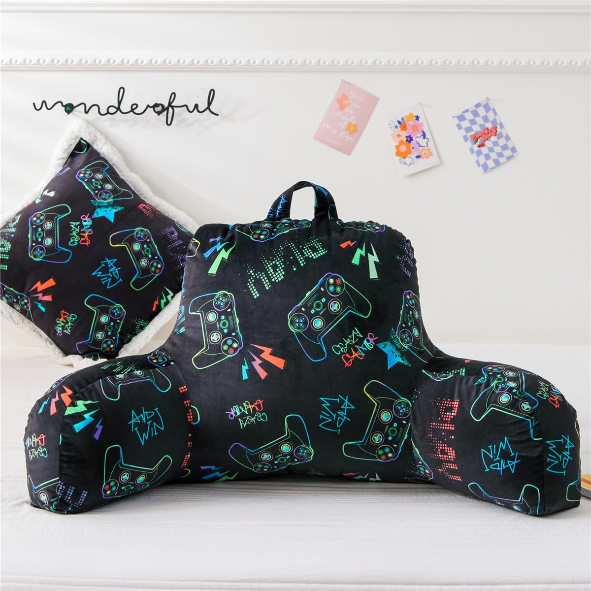 NTBED Video Game Controller Printed Reading Pillow Bed Wedge Backrest with Arms, Couch TV Relax Bed Rest Pillow Back Support Cushion for Kids Teens Boys Girls,Multi Game