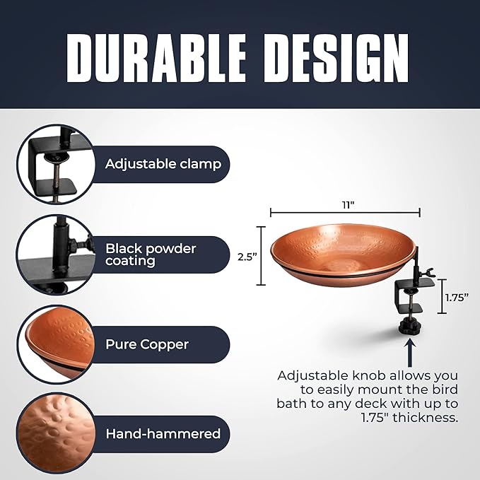 Monarch Abode Pure Copper Hand Hammered Deck Mounted Bird Bath and Feeder w/Iron Clamp, 1.75-inch Detachable Iron Clamp Outdoor Birdbath and Birdfeeder for Garden Patio & Deck, Bird Water Feeder