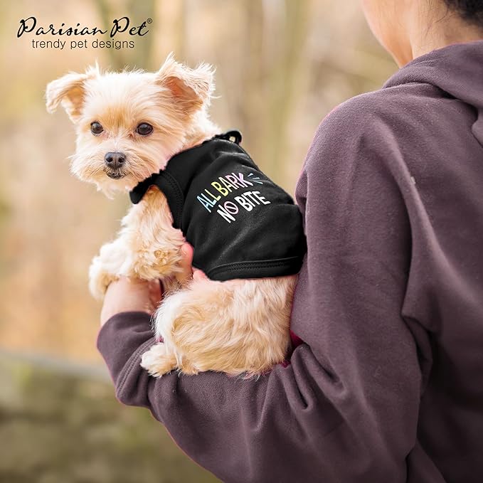 Parisian Pet Dog T-Shirt - Embroidered ' All Bark No Bite ' 100% Cotton, Doggy Clothes - Sleeveless Pet Vest - Machine Washable Shirt for Large Dogs - XL