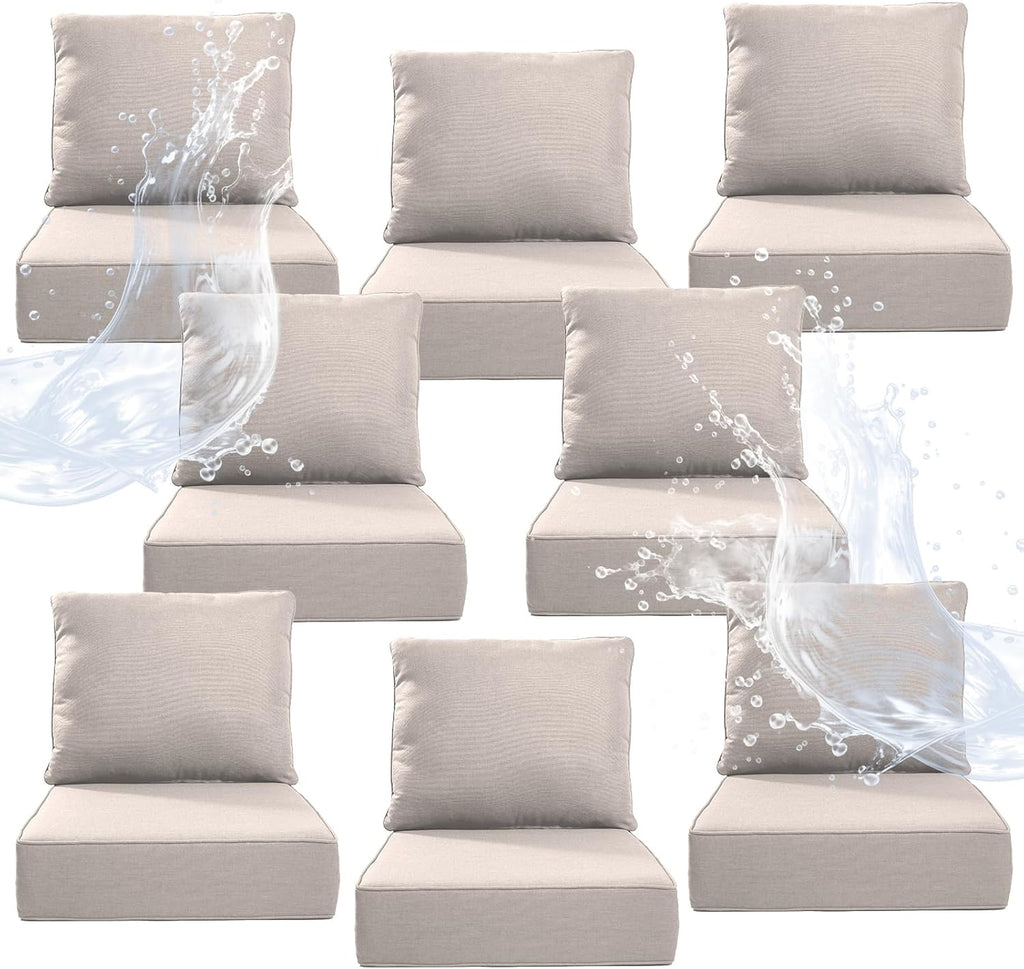 6" Thicker Outdoor Chair Cushion 8 Sets - 24" *24" *6" Waterproof Patio Furniture Cushions with Removable Cover, 28D High Density Sponge Filling Thicken Outdoor Patio Cushions - Beige