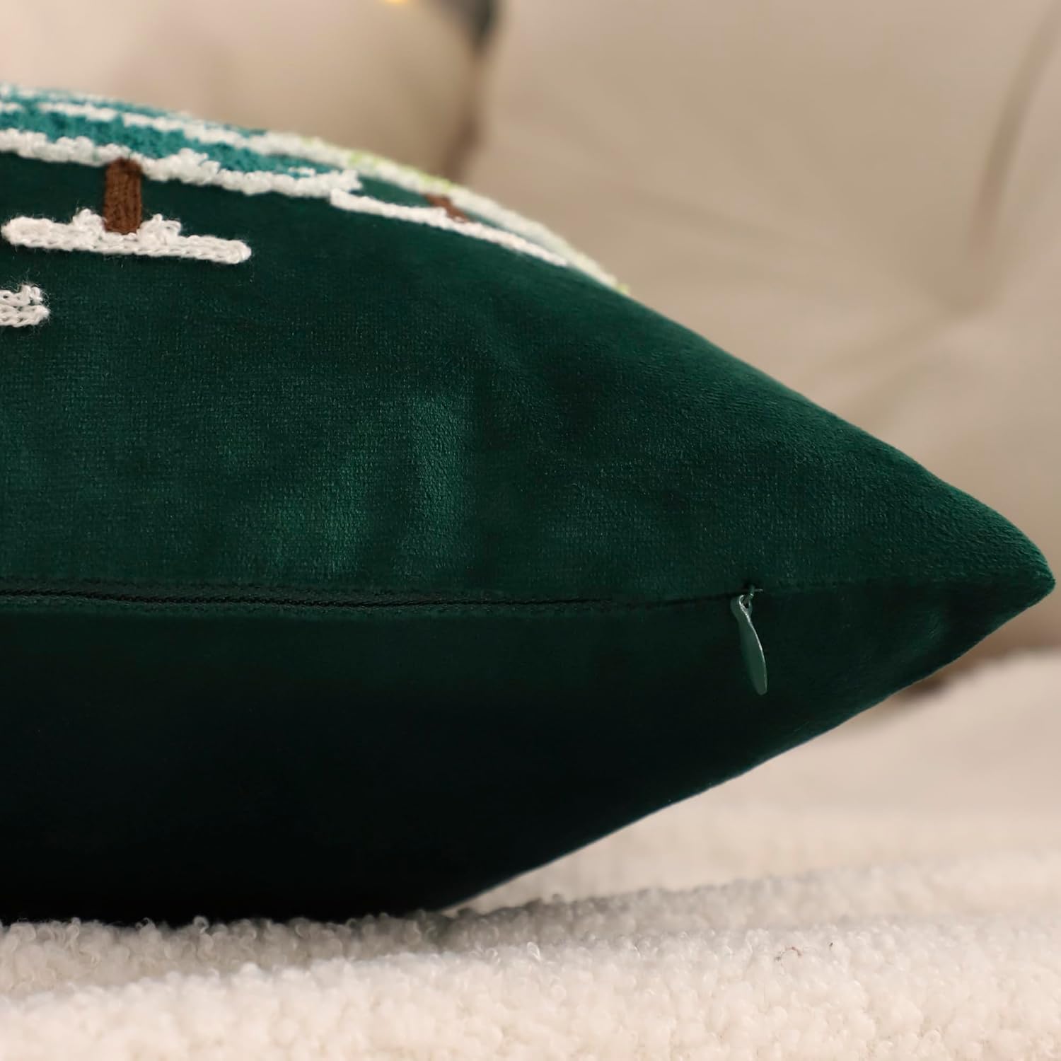 LUOYEHK Christmas Green Pillow Covers 18x18 Set of 2 House and Deer Decorative Pillow Cases Winter Holiday Velvet Embroidered Cushion Covers for Couch Sofa Bed