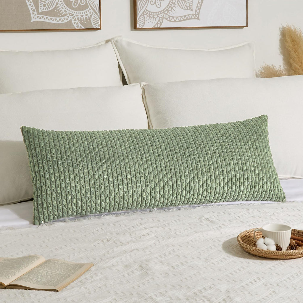 Kevin Textile 20x54 Inch Long Body Lumbar 1 Pack Boho Decorative Throw Pillow Cover Soft Striped Corduroy Rectangle Cushion Case Farmhouse Accent for Living Room Couch Sofa Bed, Sage Green