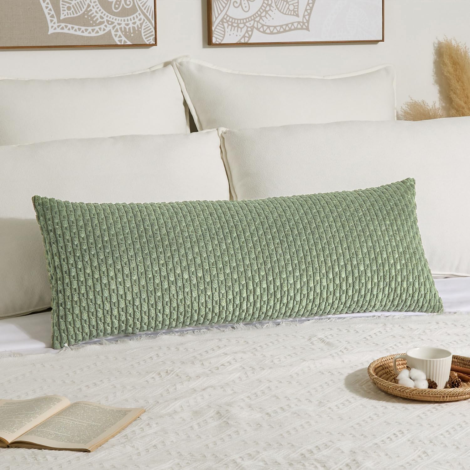 Kevin Textile 20x54 Inch Long Body Lumbar 1 Pack Boho Decorative Throw Pillow Cover Soft Striped Corduroy Rectangle Cushion Case Farmhouse Accent for Living Room Couch Sofa Bed, Sage Green