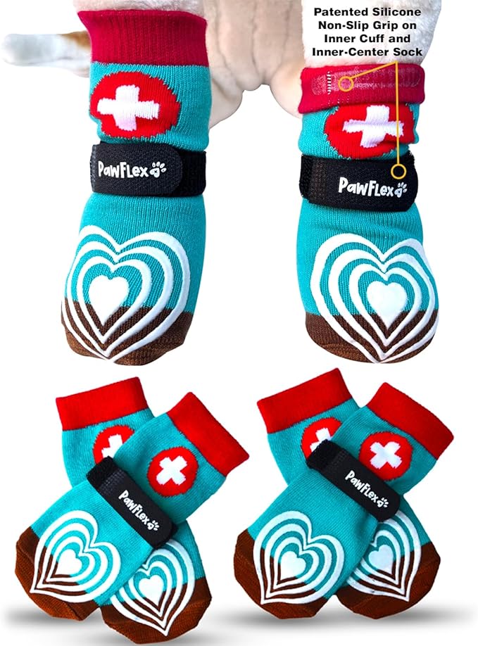 Medical First-Aid Double Sided Anti-Slip Cotton Dog Socks | PawFlex Comfy Pawz Silicone Nonslip at Inner Cuff for No Twisting or Sliding Off | Pet Paw Protection |Wound Care | Traction Control
