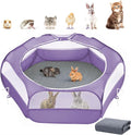 2-in-1 Small Animals Playpen with Pad, Waterproof Small Pet Cage Tent with Reusable Pad, Portable Outdoor Yard Fence with 3 Metal Rod for Chick/Kitten/Puppy/Guinea Pig/Rabbits/Chinchillas, Purple