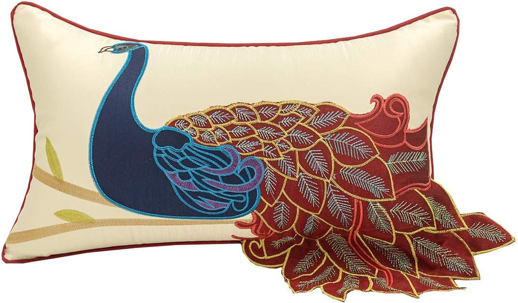 vctops Embroidered Peacock Decorative Throw Pillow Case Silky Satin Cushion Cover Red3 12"X20"