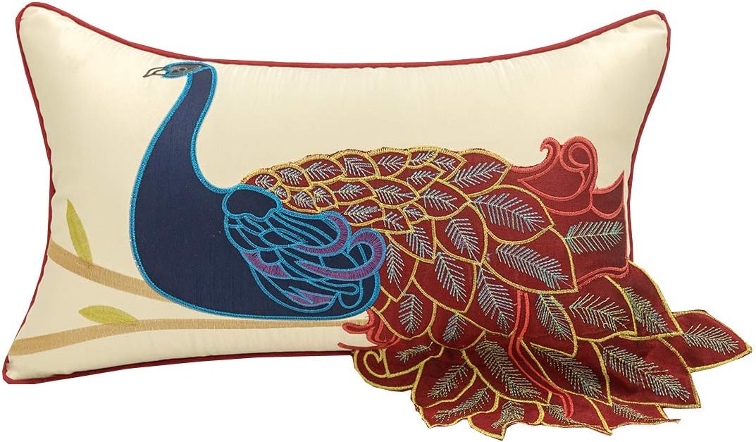 vctops Embroidered Peacock Decorative Throw Pillow Case Silky Satin Cushion Cover Red3 12"X20"