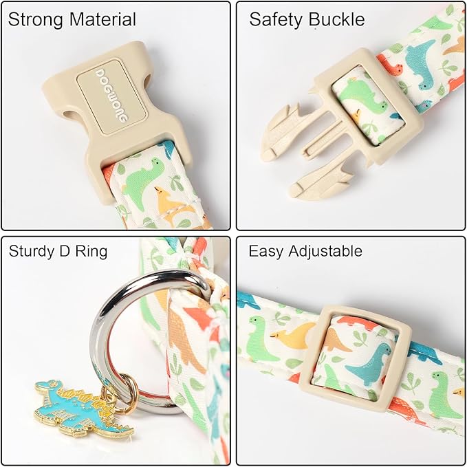 DOGWONG Dinosaur Cotton Dog Collar, Summer Cute Dog Collar Durable Soft Fabric Male Pet Dog Collars Boy Puppy Necklace for Small Medium Large Dogs