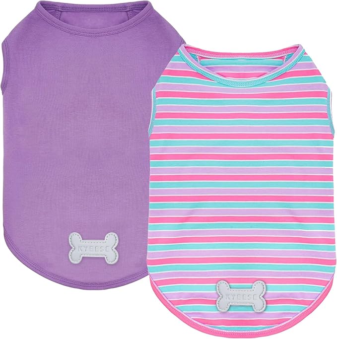 KYEESE 2Pack Dog Shirts Striped T Shirt Soft Tee for Small Dogs Cotton Tank Top Lightweight Sleeveless Vest Dog Clothes, Small,Purple+Striped