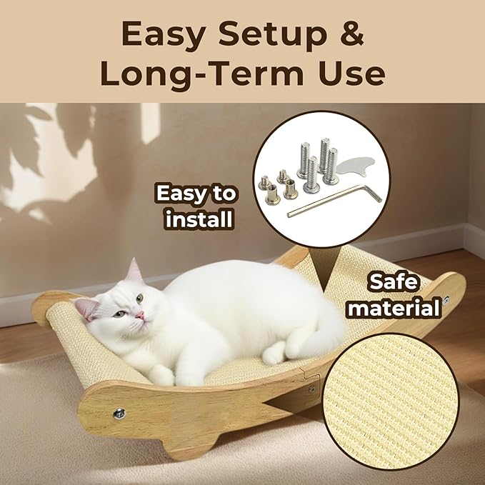 2-in-1 Natural Sisal Cat Scratcher Bed for Indoor Cats – Large Wooden Hammock Lounge Furniture with Solid Oak Frame, Easy Assembly for Large Cats Resting & Scratching