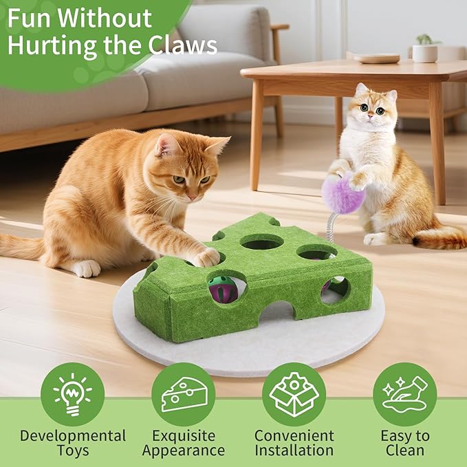 Interactive Felt Cat Toy Box for Indoor Cats,Puzzle Toy with 3 bell Balls & Spring Teaser Pet Games Self Play Fun Exercise Hide Seek Moving Cat Toy for Bored Cats Encourages Hunting Instincts (Green)