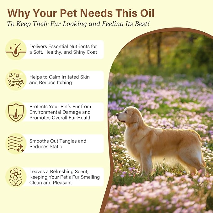 Pet Fur Care Oil - Detangles, Reduces Shedding - Adds Shine with Collagen & Natural Oils - Leave-in Conditioner for Dogs & Cats - 1.01 fl. oz