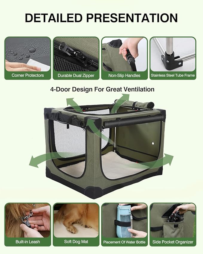 36 Inch Collapsible Travel Dog Crate for Medium Large Dogs, Portable Dog Crate 4-Door Foldable Soft Kennel with Durable Mesh Windows for Indoor & Outdoor Travel, with Storage Bag,Green