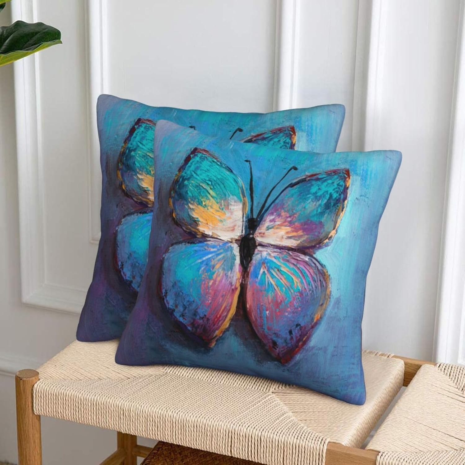 bassyil Blue Butterfly Throw Pillow Covers Decorative Linen Pillow Cases Set of 2 Square Cushion Cover for Couch Sofa Bedroom Patio 18x18 Inch
