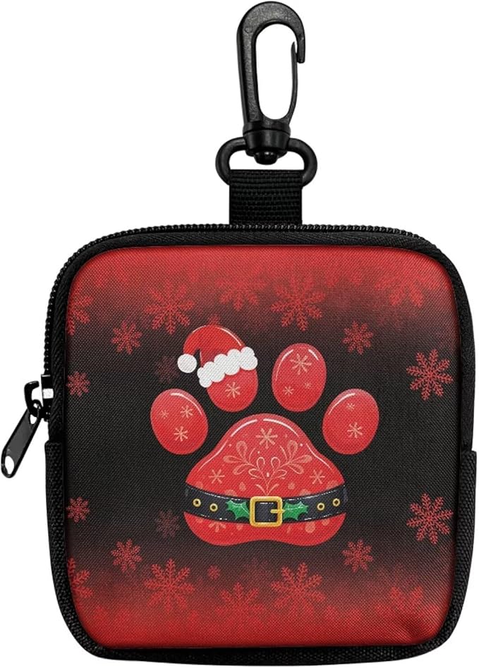 KEIAHUAN Christmas Paw Print Dog Treat Pouch Dog Training and Walks Snack Bag with Clasp Christmas Theme Pet Treat Container, Zipper Closure, Xmas Keychain Pouch Small Coin Bag
