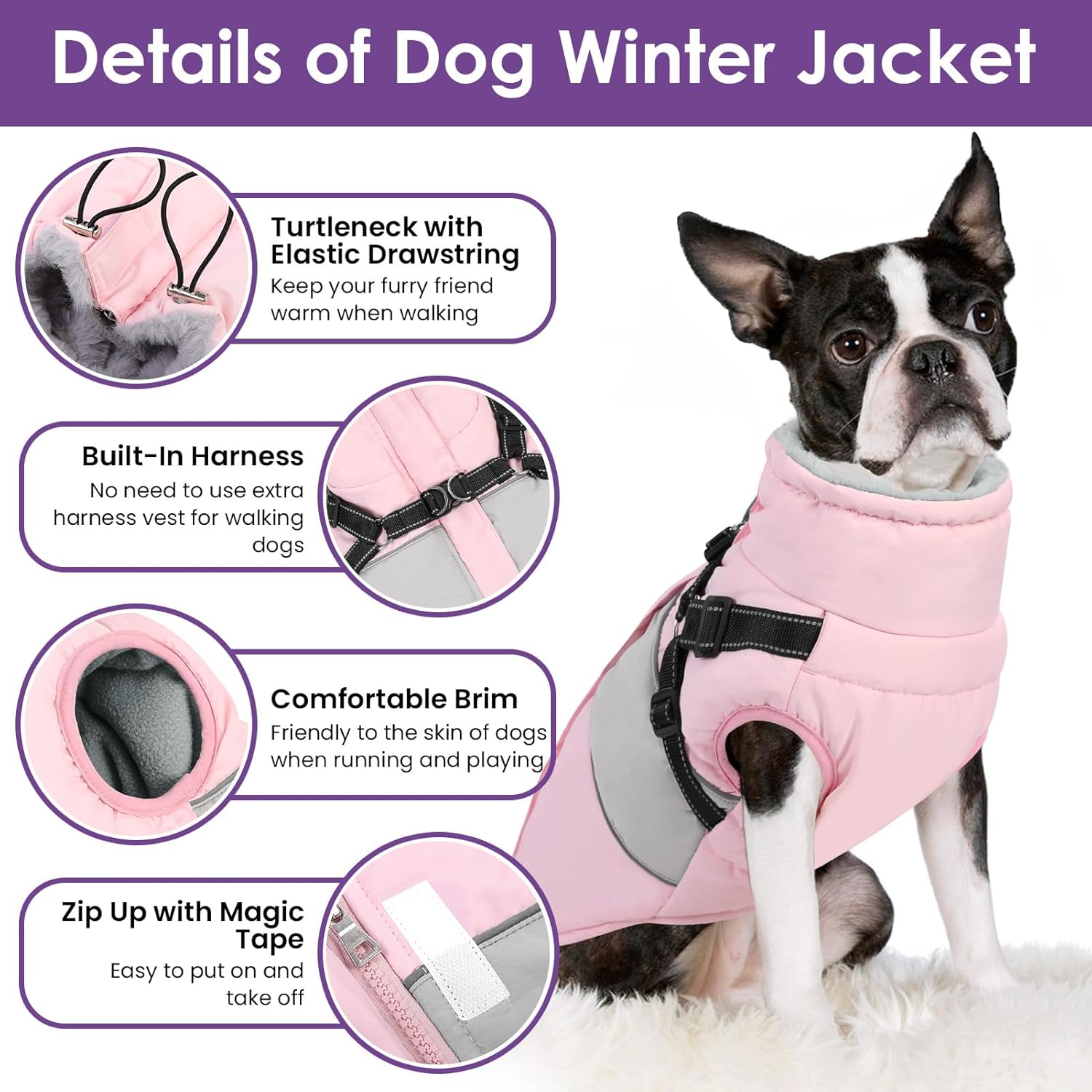 SUNFURA Dog Winter Coat, Waterproof Dog Coat Jacket with Harness for Medium Breeds Boys Girls, Reflective Fleece Lined Pet Snow Jacket Sweaters for Pug, Jack Russel, Boston Terrier, Pink M