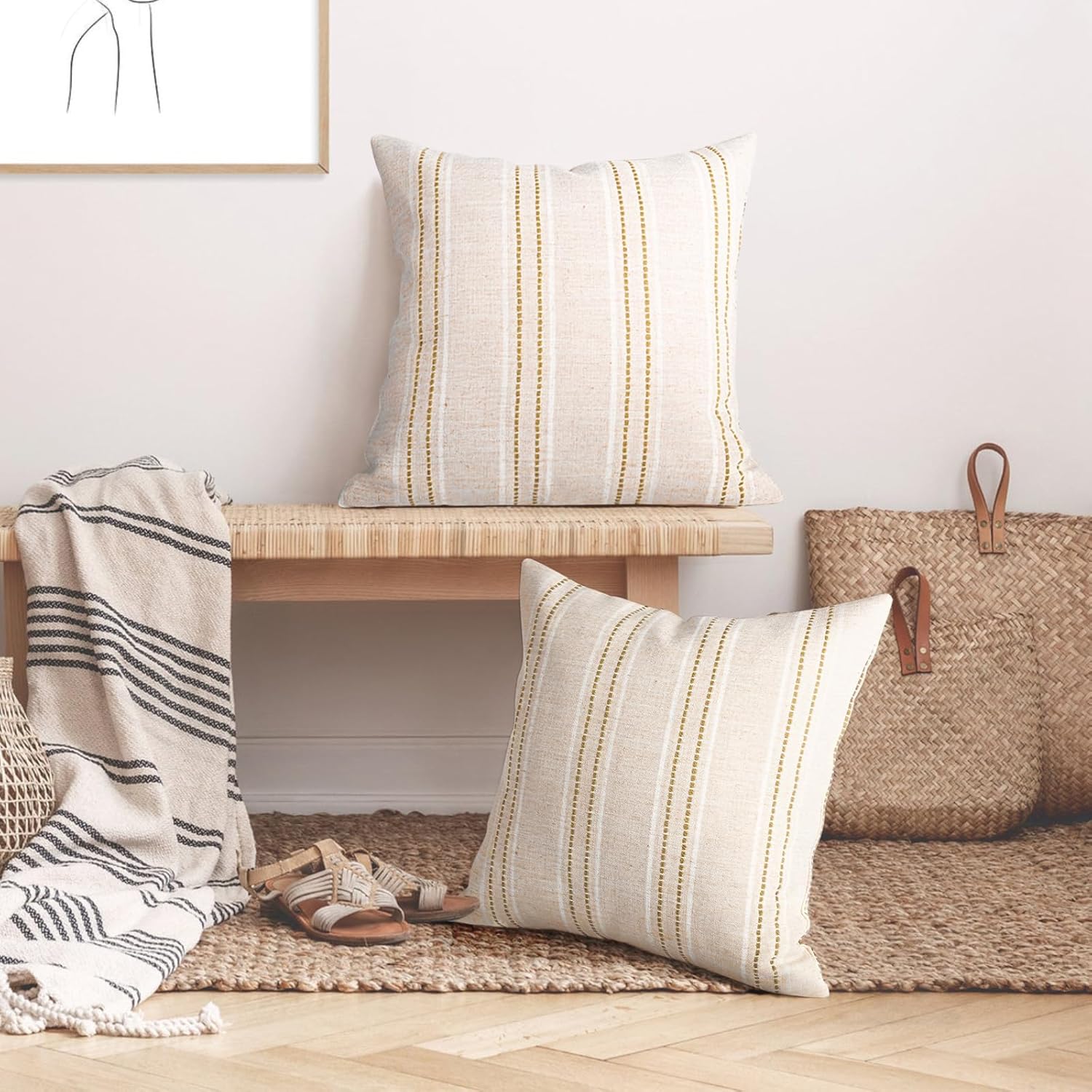 AELS 22x22 Decorative Farmhouse Linen Throw Pillow Covers, Boho Textured Pillow Case, Set of 2, Beige with White & Brown Stitch Yarn Dyed Stripe Cushion Cover for Sofa Couch Living Room (Cover ONLY)