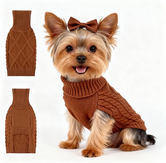 Small/Medium Dog Sweater, Warm Comfy Stretch Dog Winter Coat w/Sleeves & High Neck, Premium Dog Clothes for Mini Poodle-Best for Holidays, Daily Walks S Brown