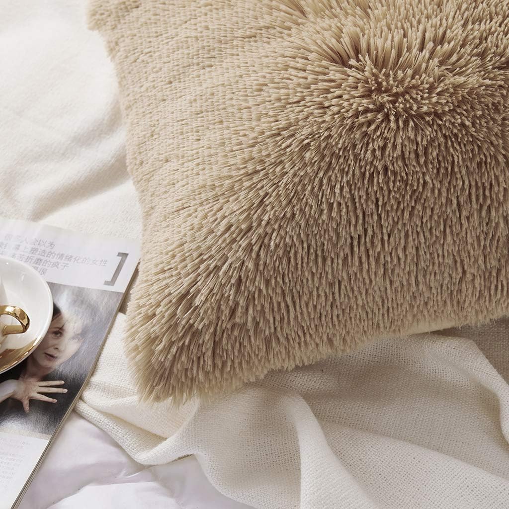 Uhamho Set of 2 Faux Fur Throw Pillow Covers Soft Velvet Decorative Pillowcases Zipper Closure (Camel, 20"x36")