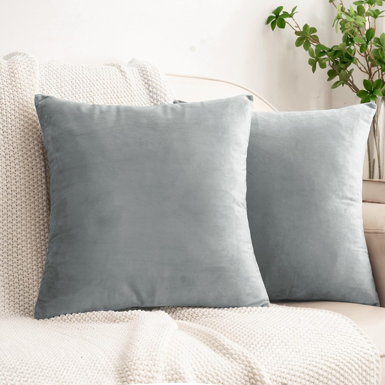 HWY 50 Gray Grey Velvet Throw Pillow Covers 16x16 Inch, Pack of 2 Soft Cozy Solid Decorative Luxury Cushion Cases for Couch Sofa Bed Living Room Bedroom
